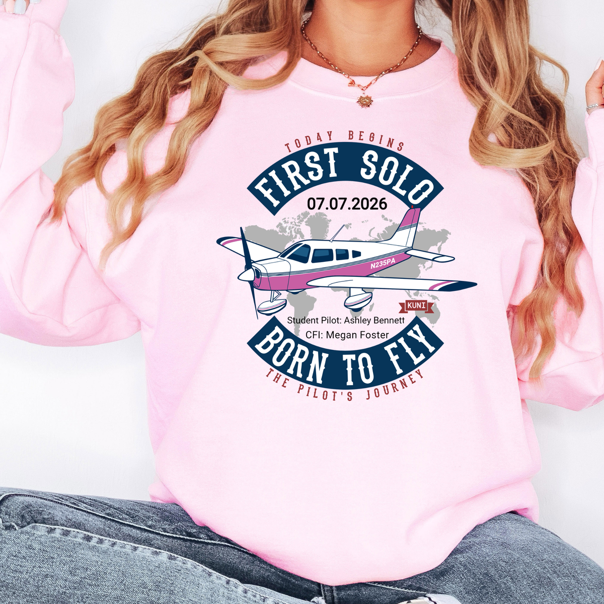 Personalized First Solo Flight G180 crewneck sweatshirt in Light Pink with Piper aircraft design