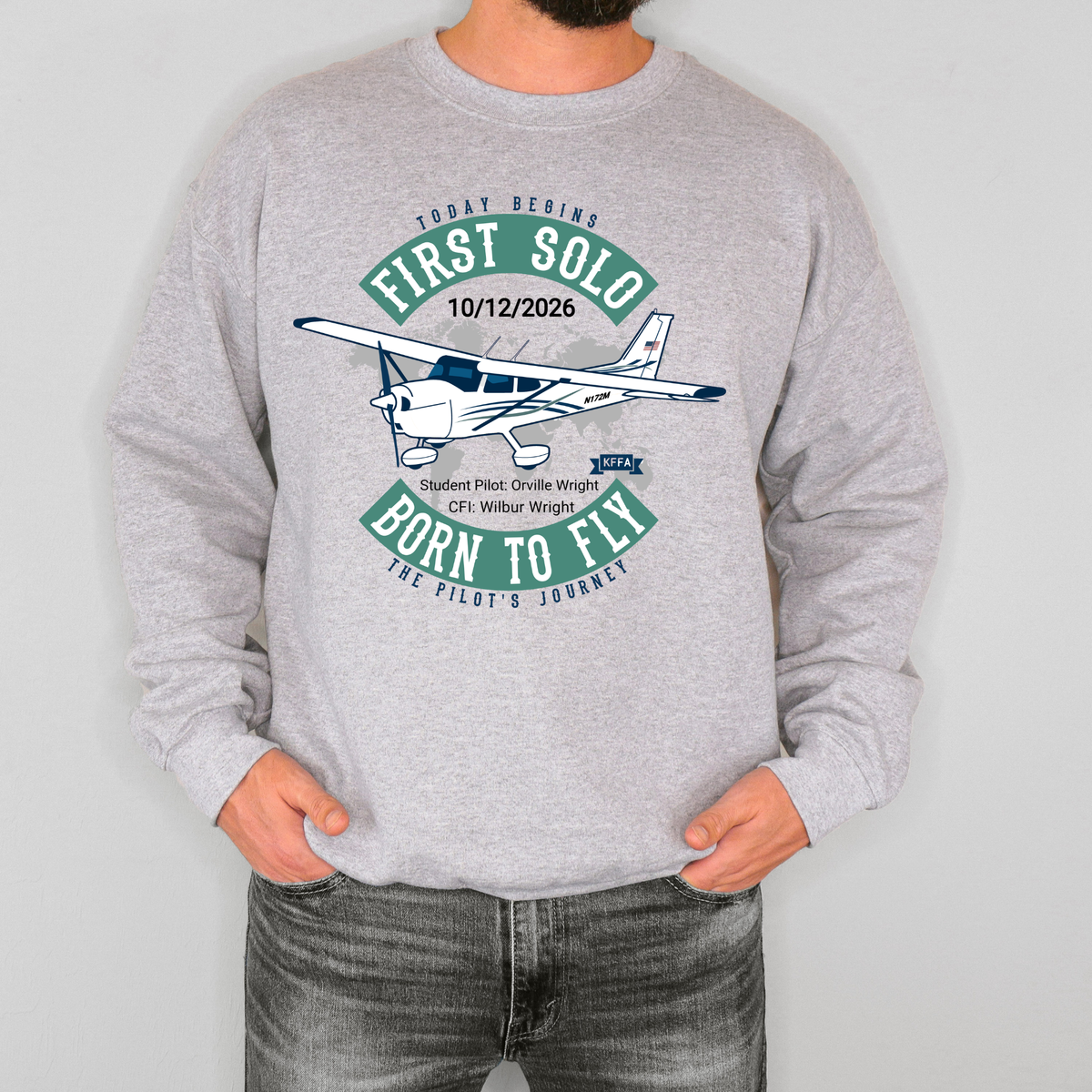 Personalized First Solo Flight G180 crewneck sweatshirt in Sport Grey with Cessna aircraft design