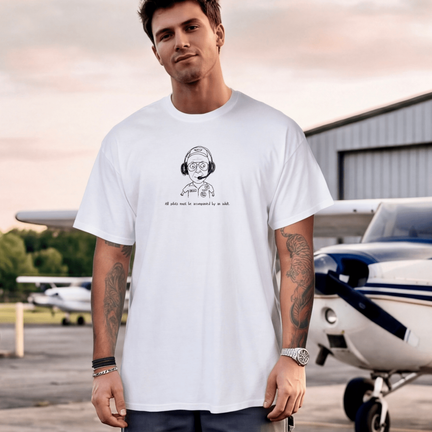 Funny Aviation Pilot T-Shirt – All Pilots Must Be Accompanied by an Adult