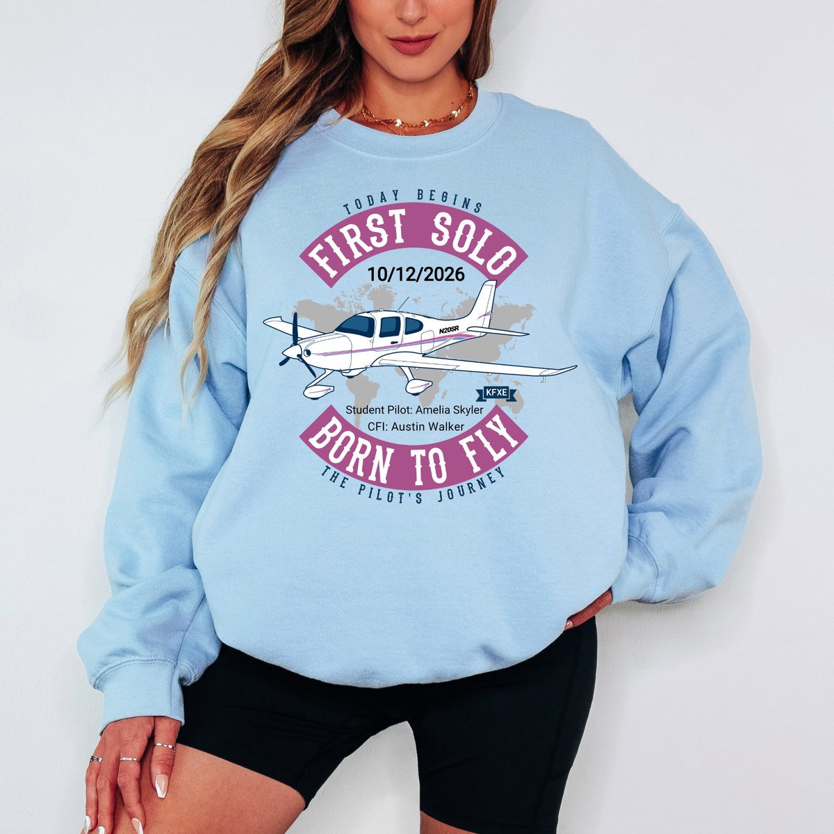 Personalized First Solo Flight G180 crewneck sweatshirt in Light Blue with Cirrus aircraft design