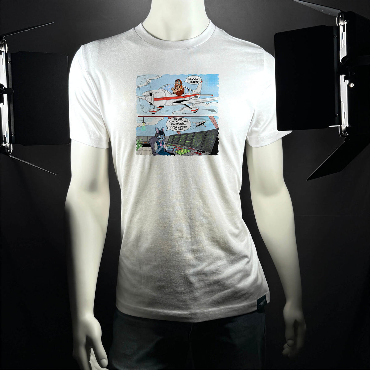 FL3500 pilot comic T-shirt displayed on a mannequin