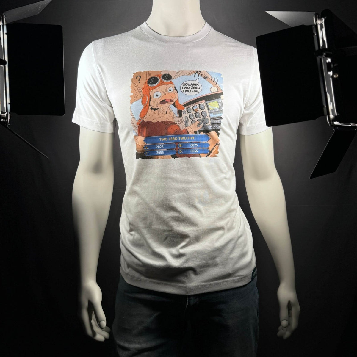 Aviation comic T-shirt displayed on a mannequin
