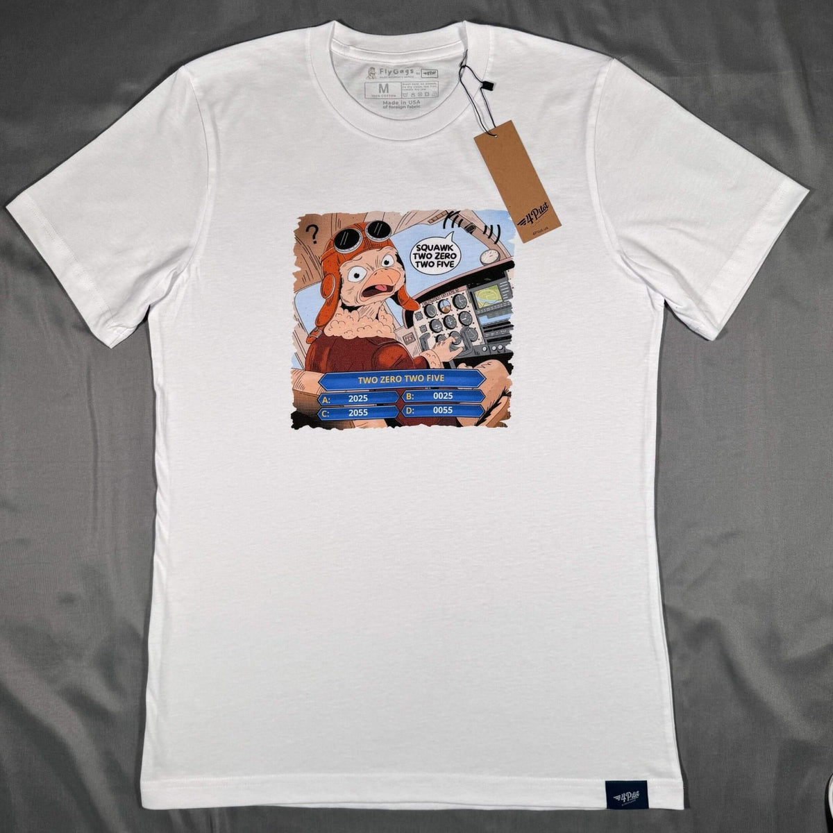 FlyGags aviation comic T-shirt laid flat
