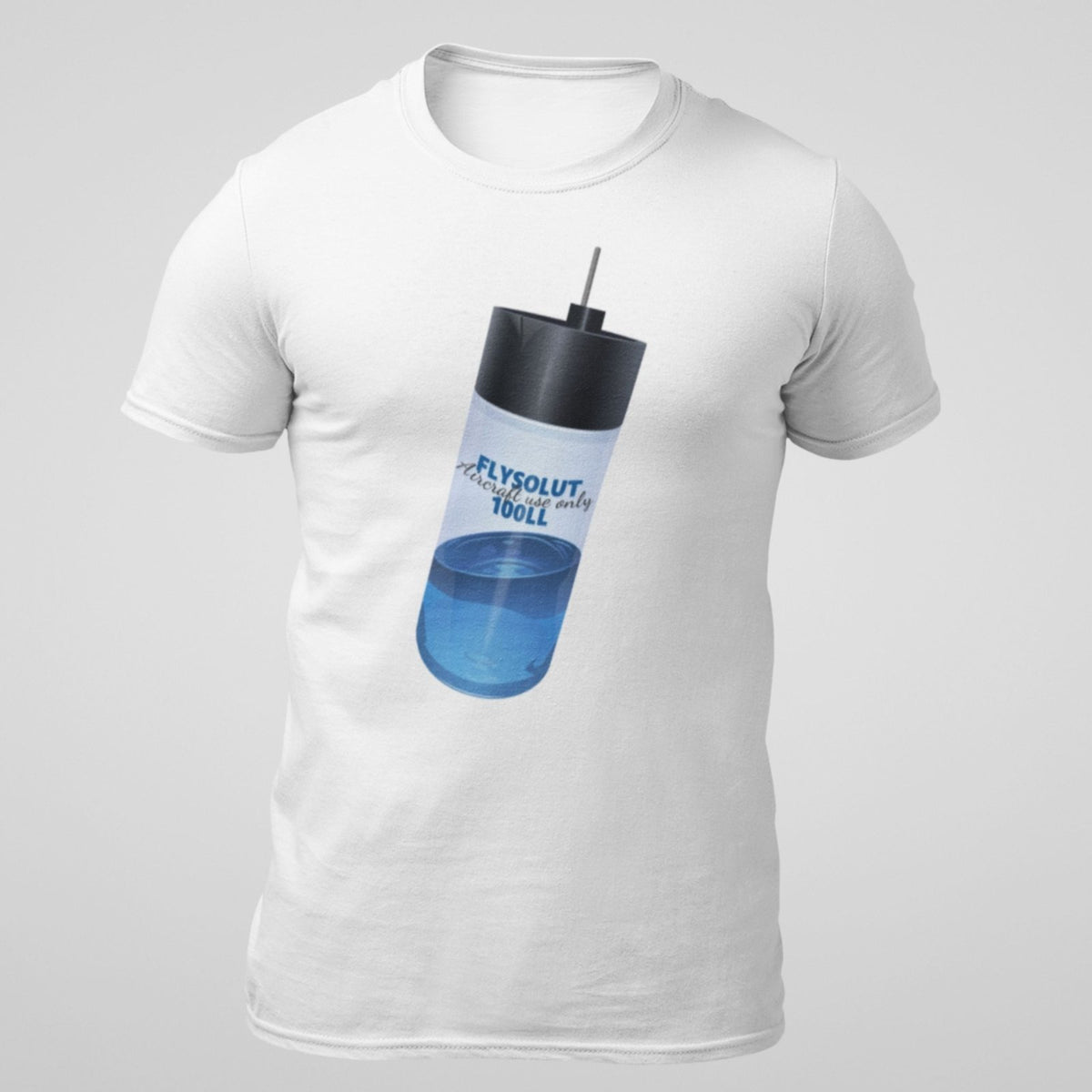 White Flysolut pilot T-shirt with aviation bottle parody design