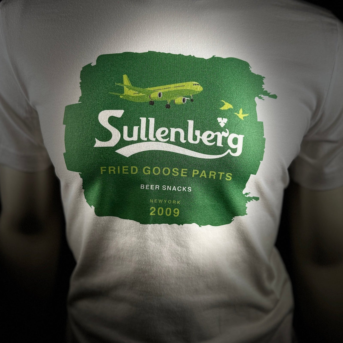 White Sullenberg pilot T-shirt with green aviation logo parody
