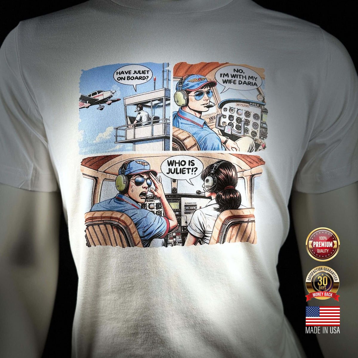 Who Is Juliet aviation comic T-shirt front view