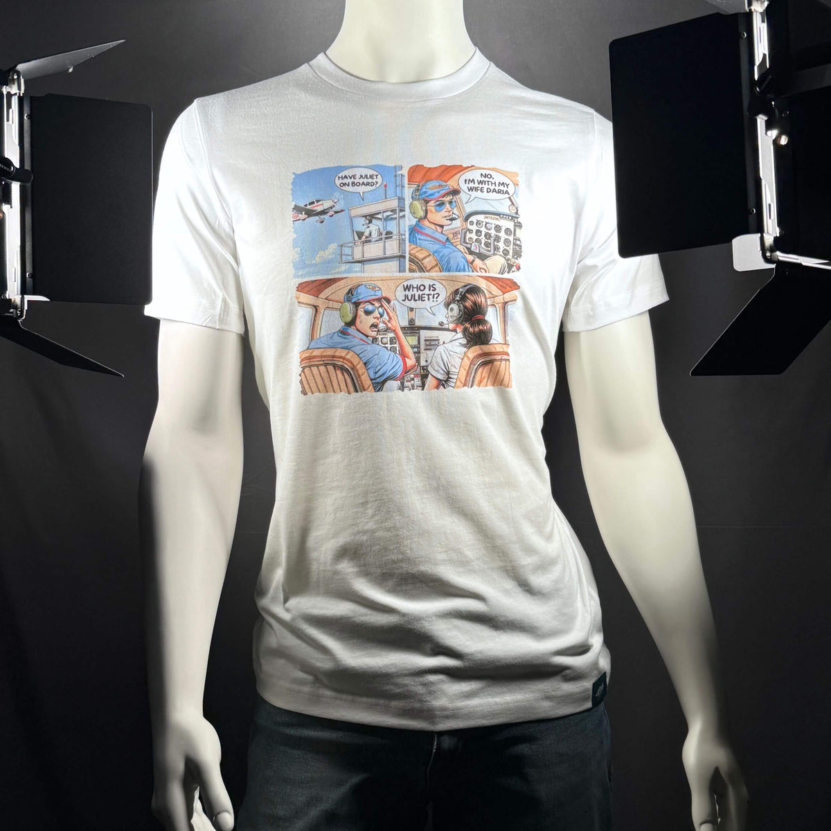 Who Is Juliet aviation T-shirt displayed on a mannequin