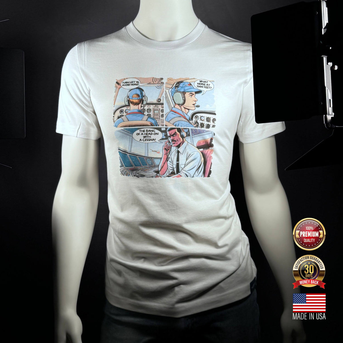 White The Noise aviation comic T-shirt on a mannequin
