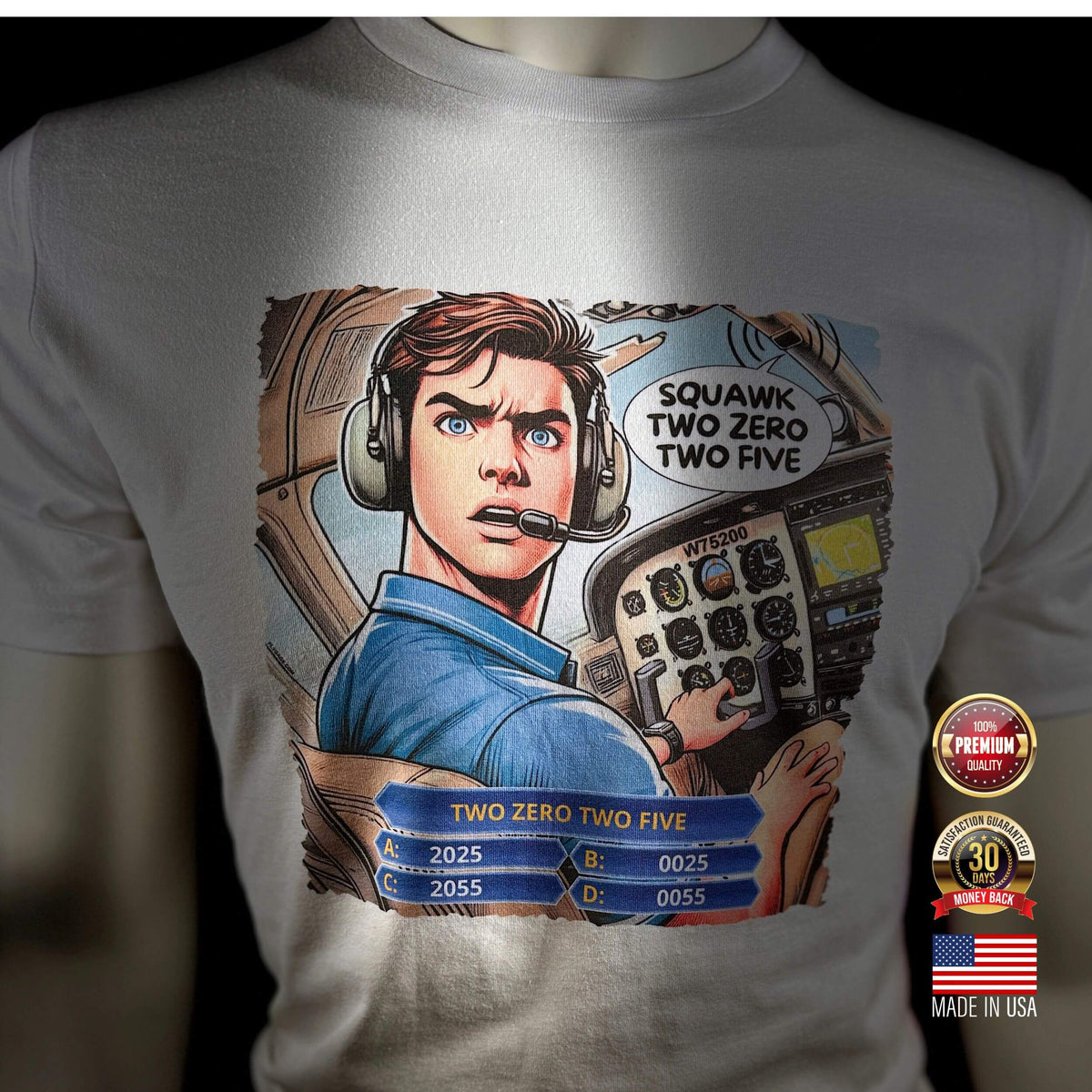Squawk 2025 aviation comic T-shirt front view