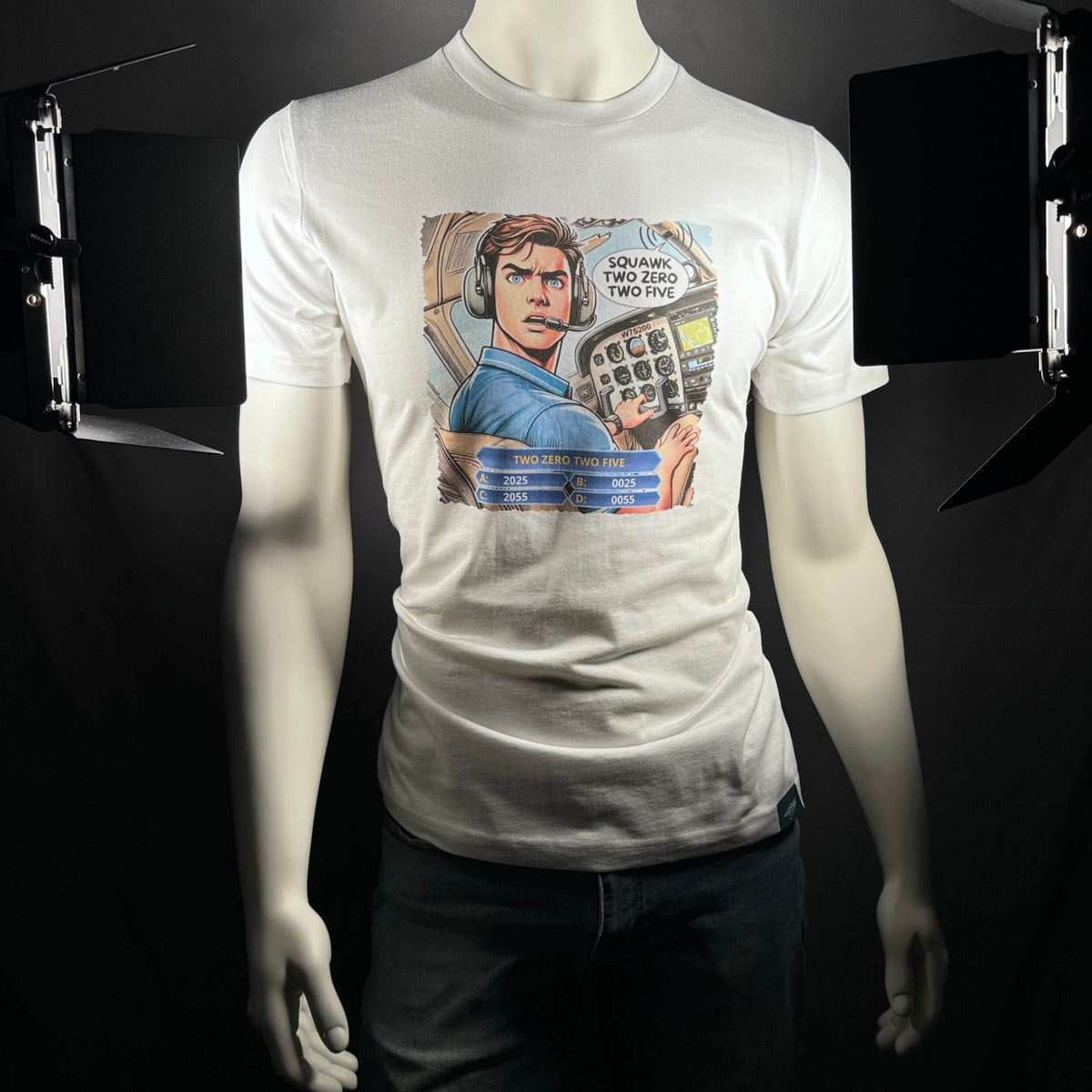 Squawk 2025 aviation T-shirt displayed on a mannequin