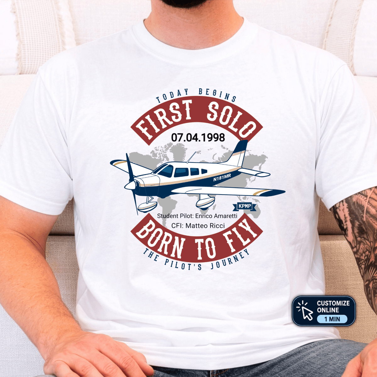 White First Solo T-shirt with an aircraft illustration, solo date, student pilot name, and CFI name