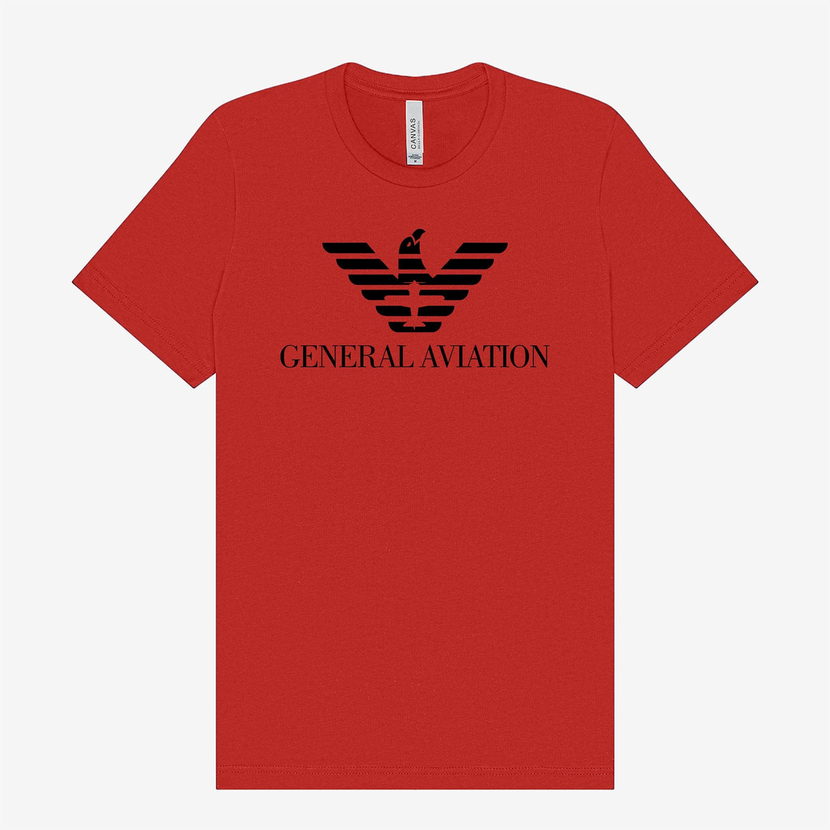 Red General Aviation logo parody T-shirt laid flat