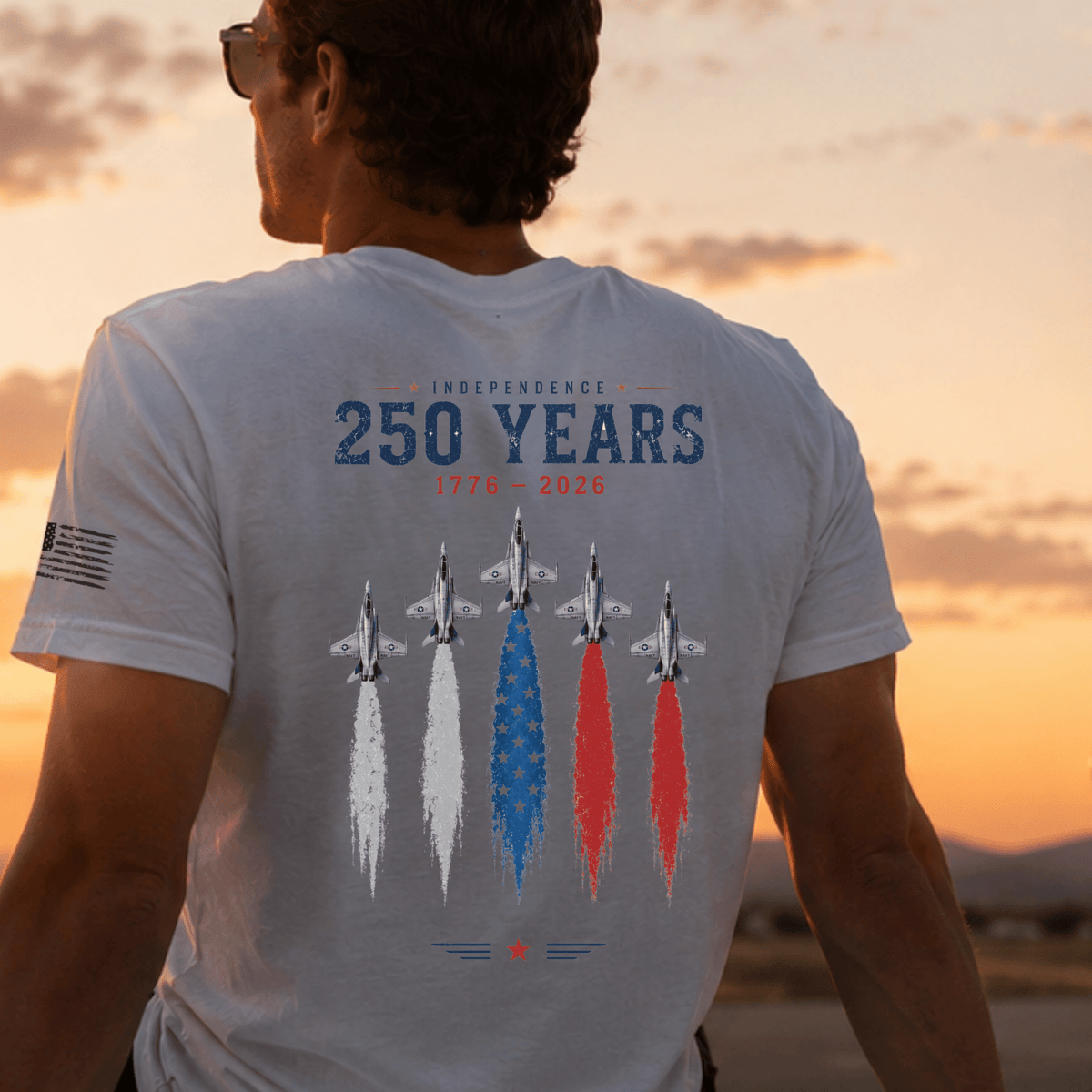 Man wearing a USA 250th aviation T-shirt with front print