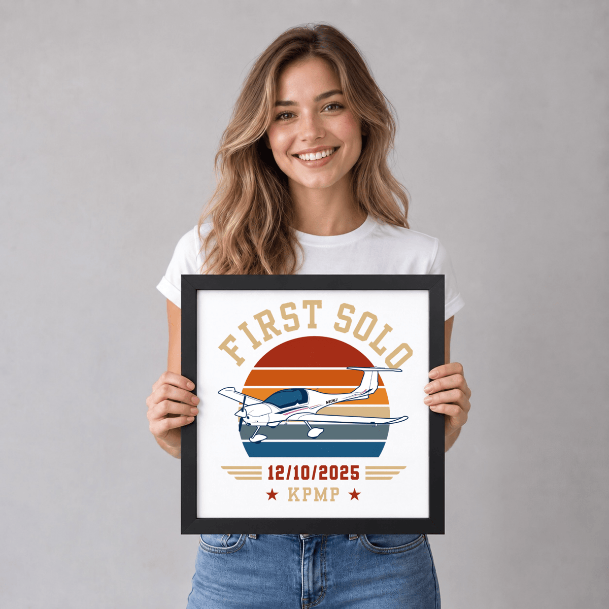 Black-framed first solo aircraft print with a personalized date and airport code