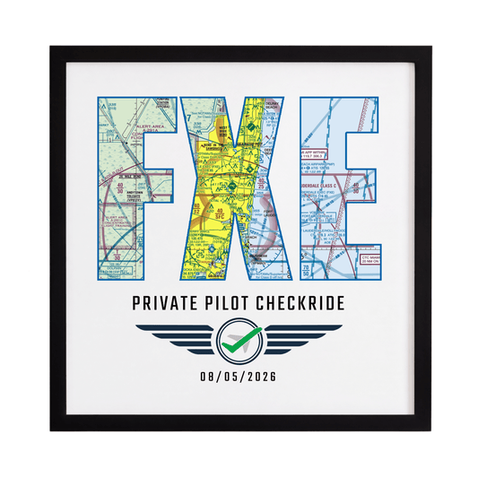 Black-framed FXE airport code VFR chart print with a private pilot checkride milestone and date
