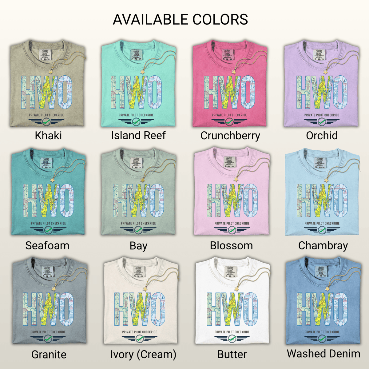 Color chart showing 12 T-shirt colors with the HWO airport code VFR sectional chart design