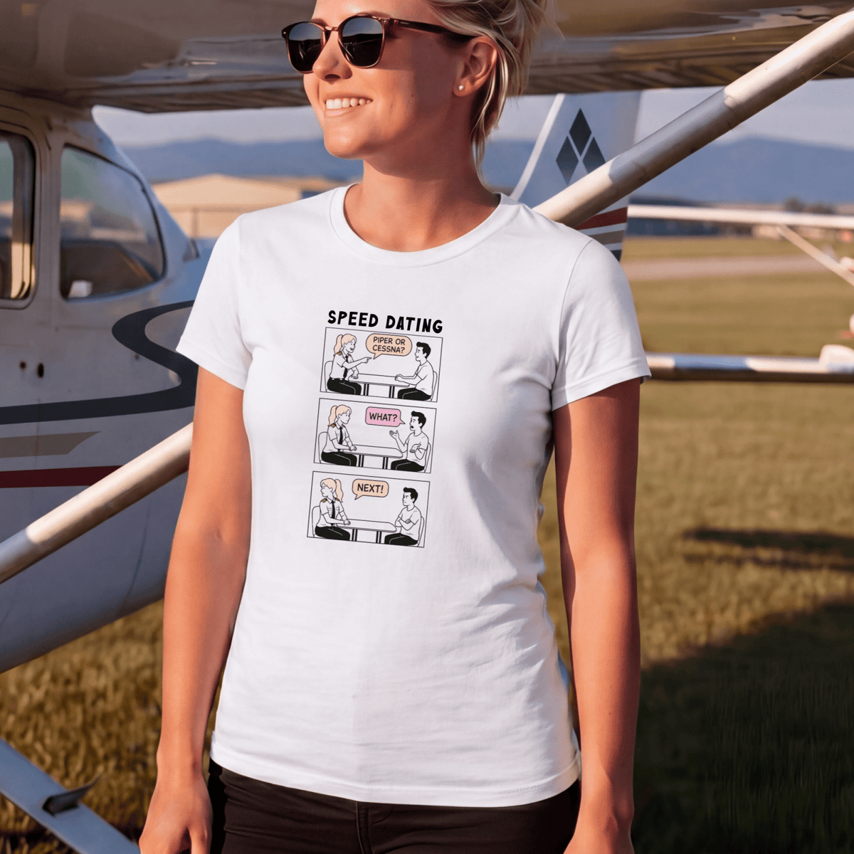 Woman wearing a Piper or Cessna Speed Dating T-shirt