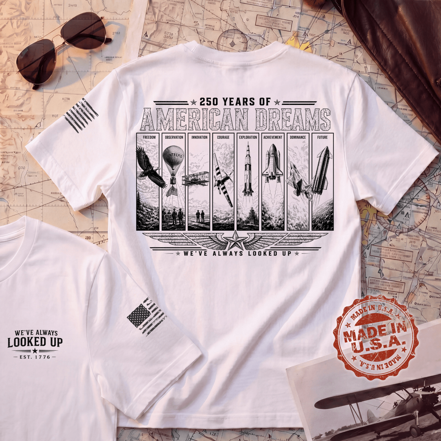 250th Anniversary Shirt | American Dreams Made in USA Aviation Tee | Patriotic Pilot Gift (250 Years)