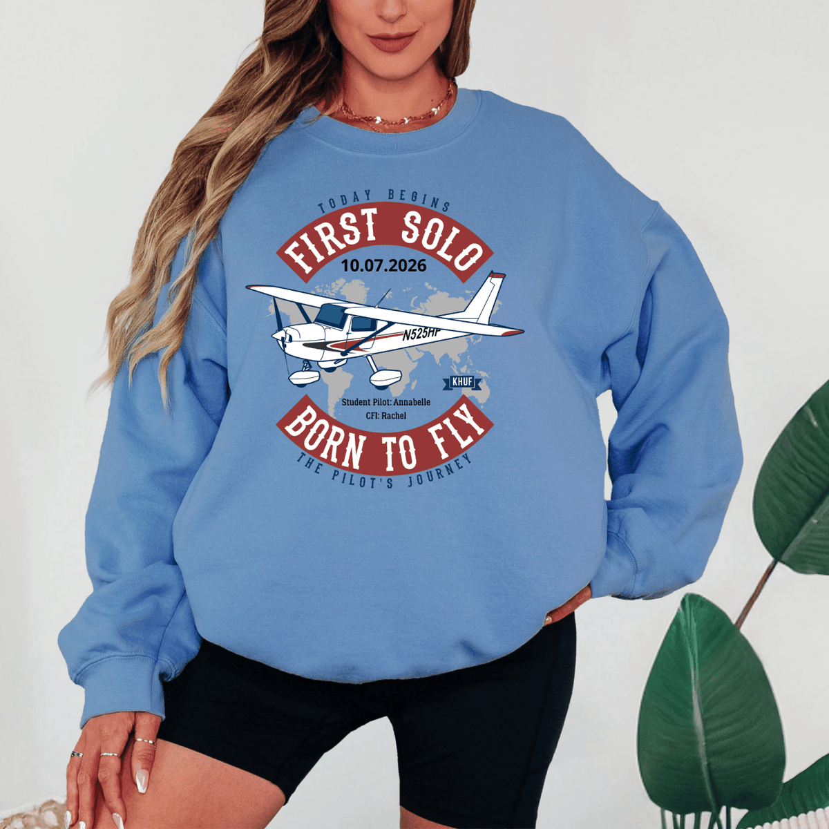 Personalized First Solo Flight G180 crewneck sweatshirt in Carolina Blue with Cessna aircraft design