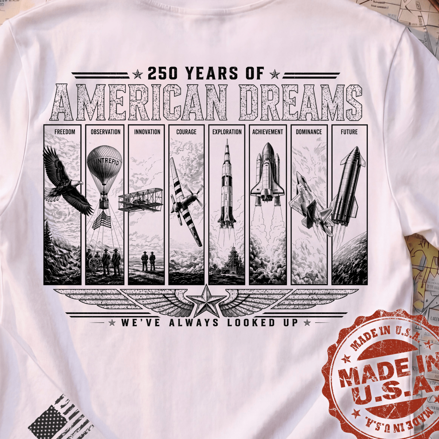 250th Anniversary Shirt | American Dreams Made in USA Aviation Tee | Patriotic Pilot Gift (250 Years)