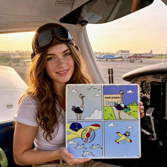 Aviation Wall Art – Funny Pilot Metal Sign, PILOT SCHOOL Comic (12x12")