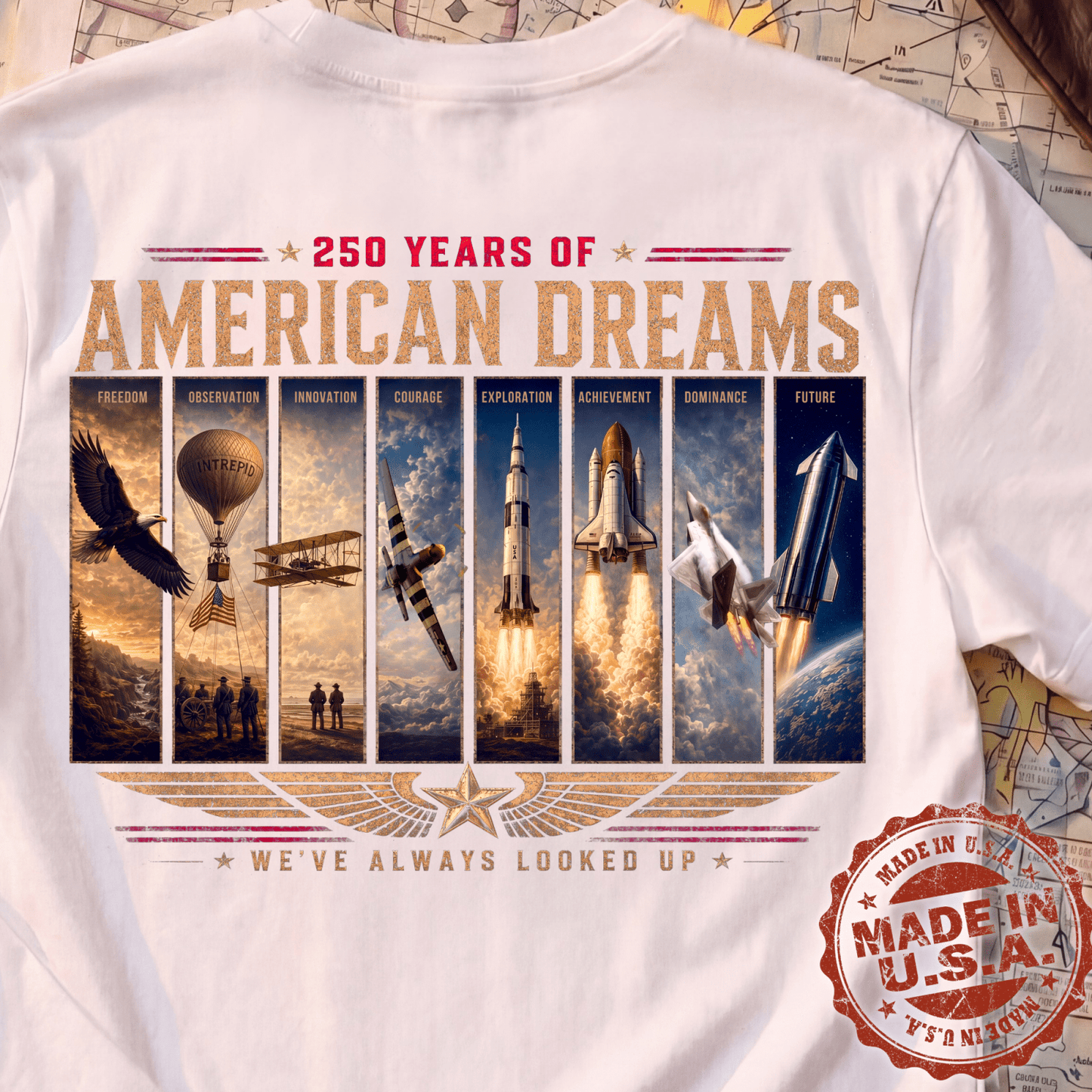 250th Anniversary Shirt | American Dreams Made in USA Aviation Tee | Patriotic Pilot Gift (250 Years)