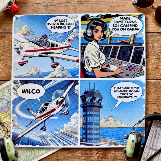 Aviation Wall Art – Funny Pilot Metal Sign, BIG LAKE Comic (12x12”)