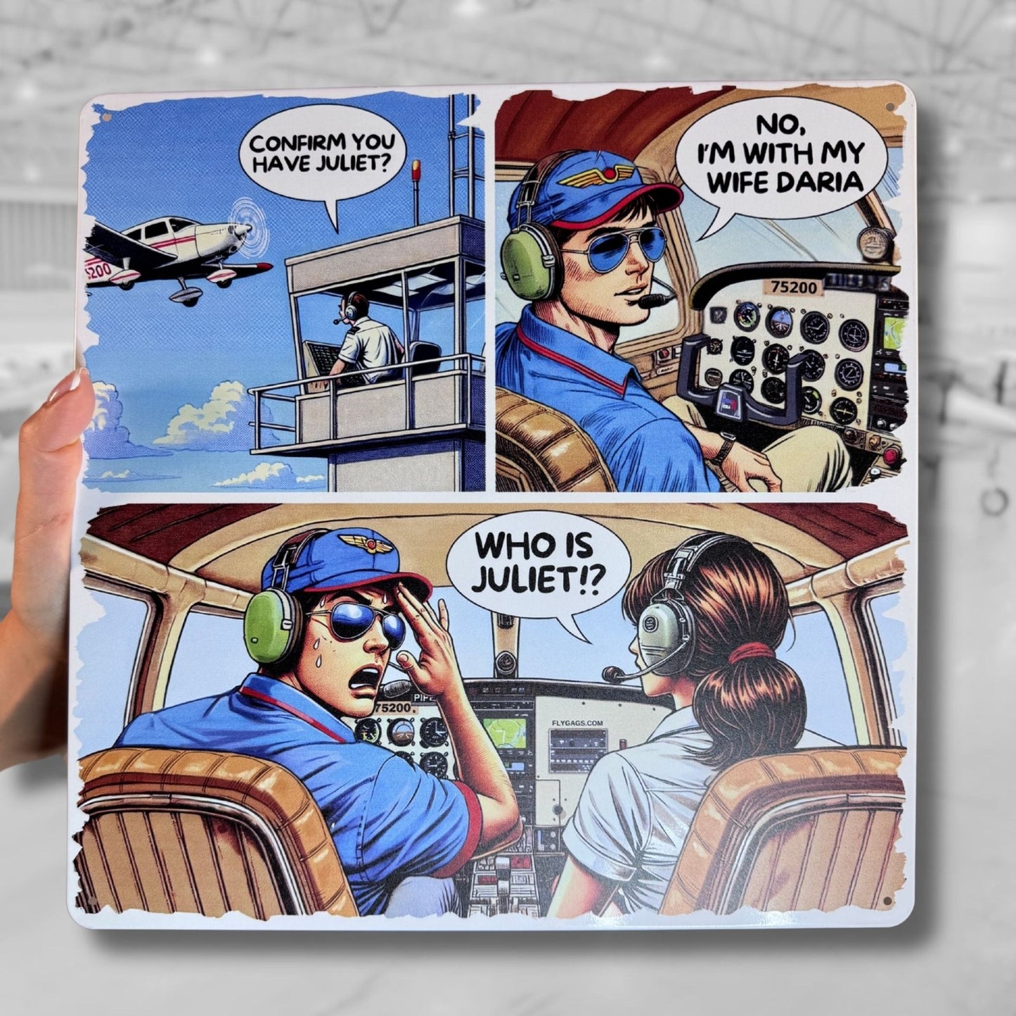 Aviation Wall Art – Funny Pilot Metal Sign, JULIET Comic (12x12")