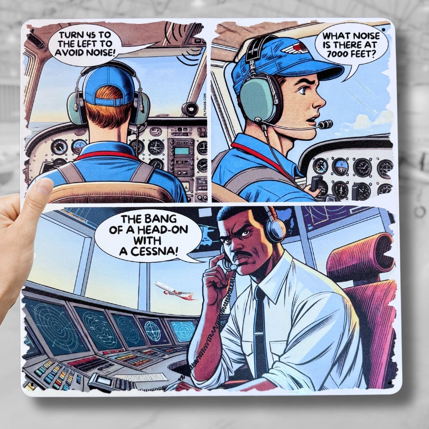 Aviation Wall Art – Funny Pilot Metal Sign, NOISE Comic (12x12")