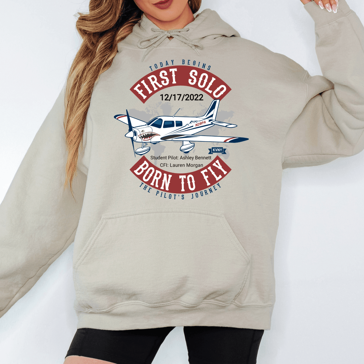 Personalized First Solo Flight G185 hooded sweatshirt in Sand with Piper aircraft design