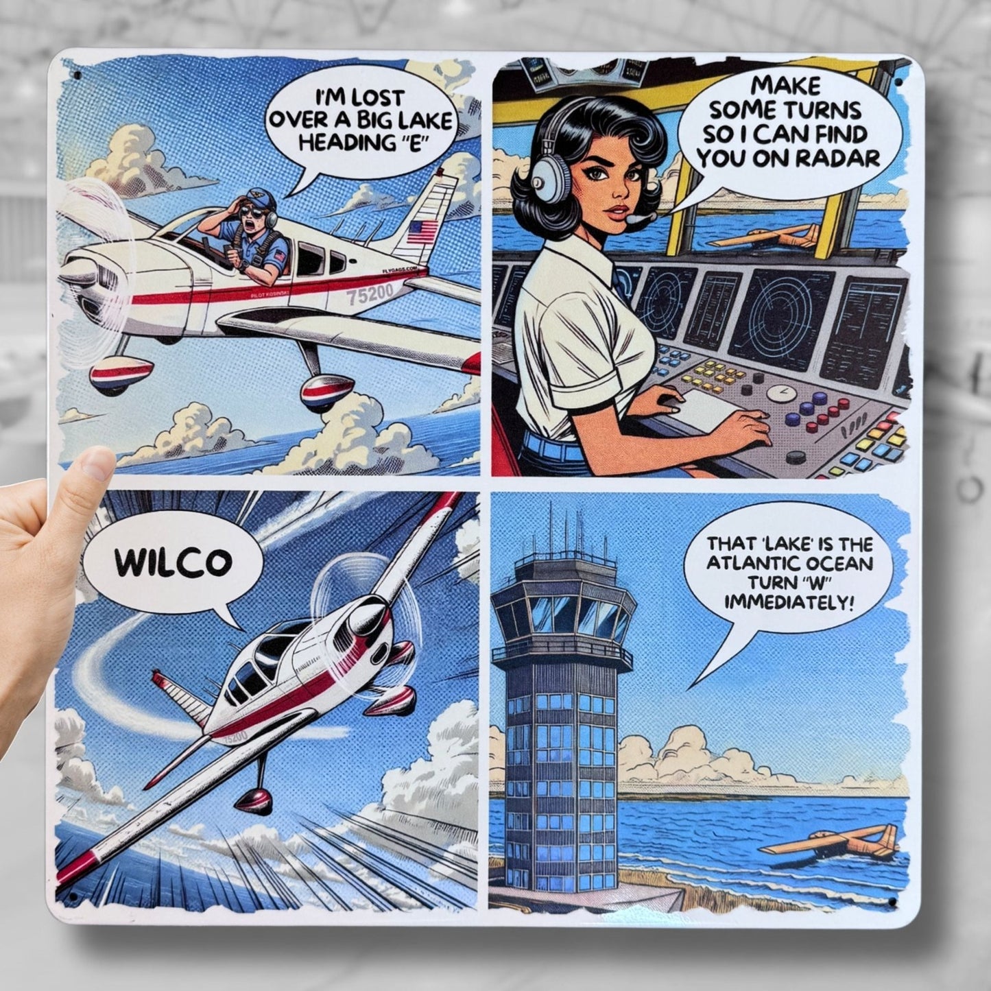 Aviation Wall Art – Funny Pilot Metal Sign, BIG LAKE Comic (12x12”)