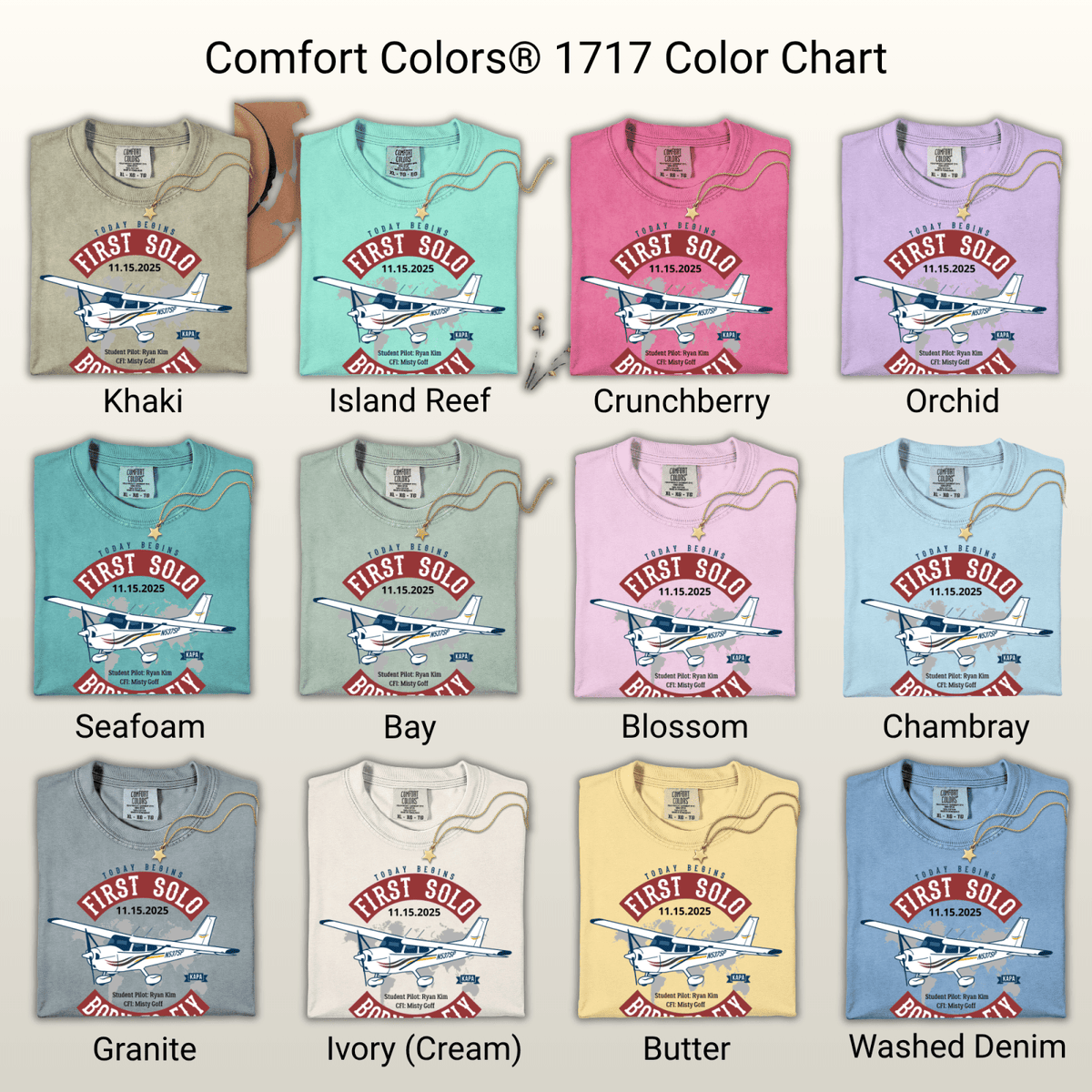 Comfort Colors 1717 color chart showing 12 T-shirt colors with the First Solo aircraft design