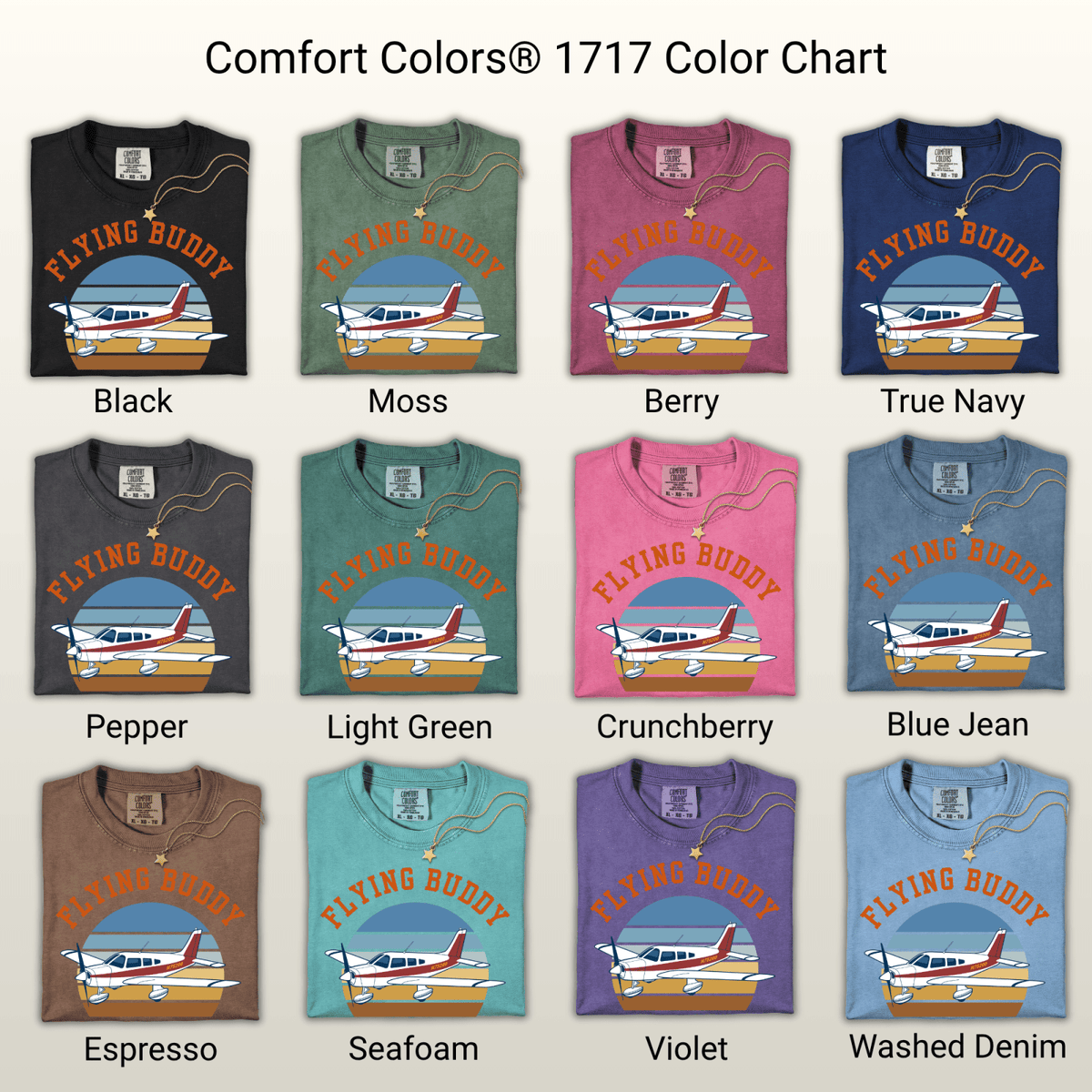 Comfort Colors 1717 color chart showing 12 T-shirt colors with the Flying Buddy aircraft design