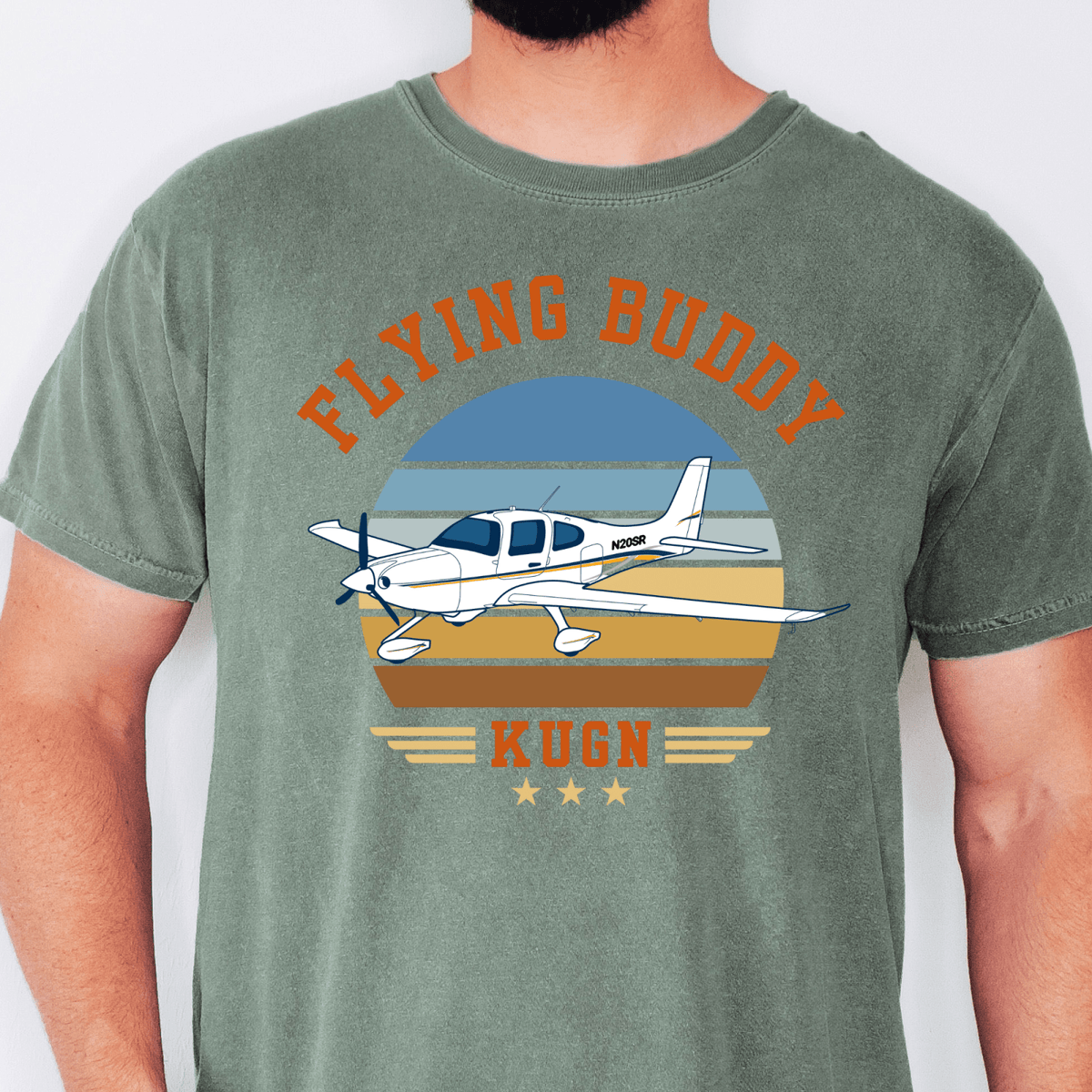 Green Flying Buddy T-shirt with a white low-wing airplane and KUGN airport code