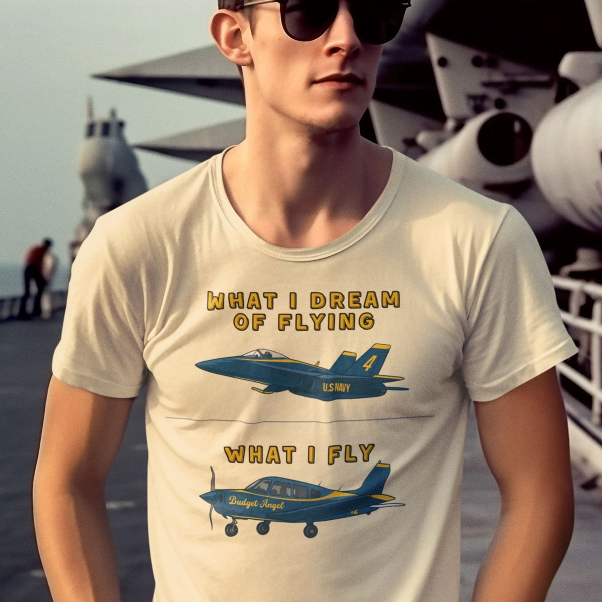 Man wearing a natural Budget Angel pilot T-shirt