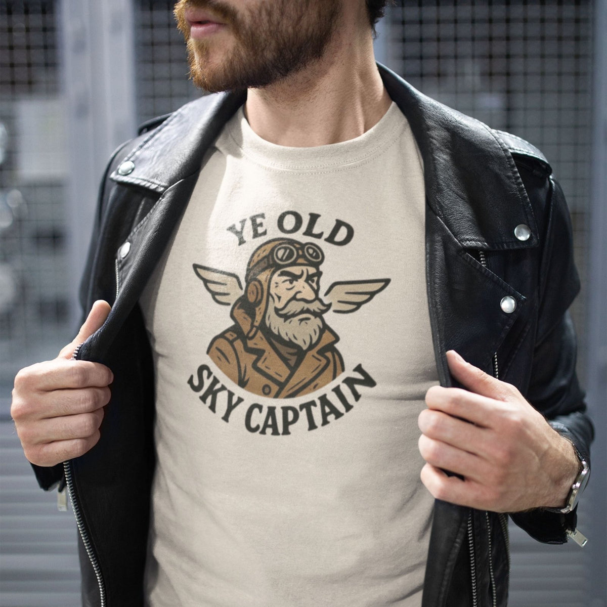Man wearing a Sky Captain T-shirt with a leather jacket