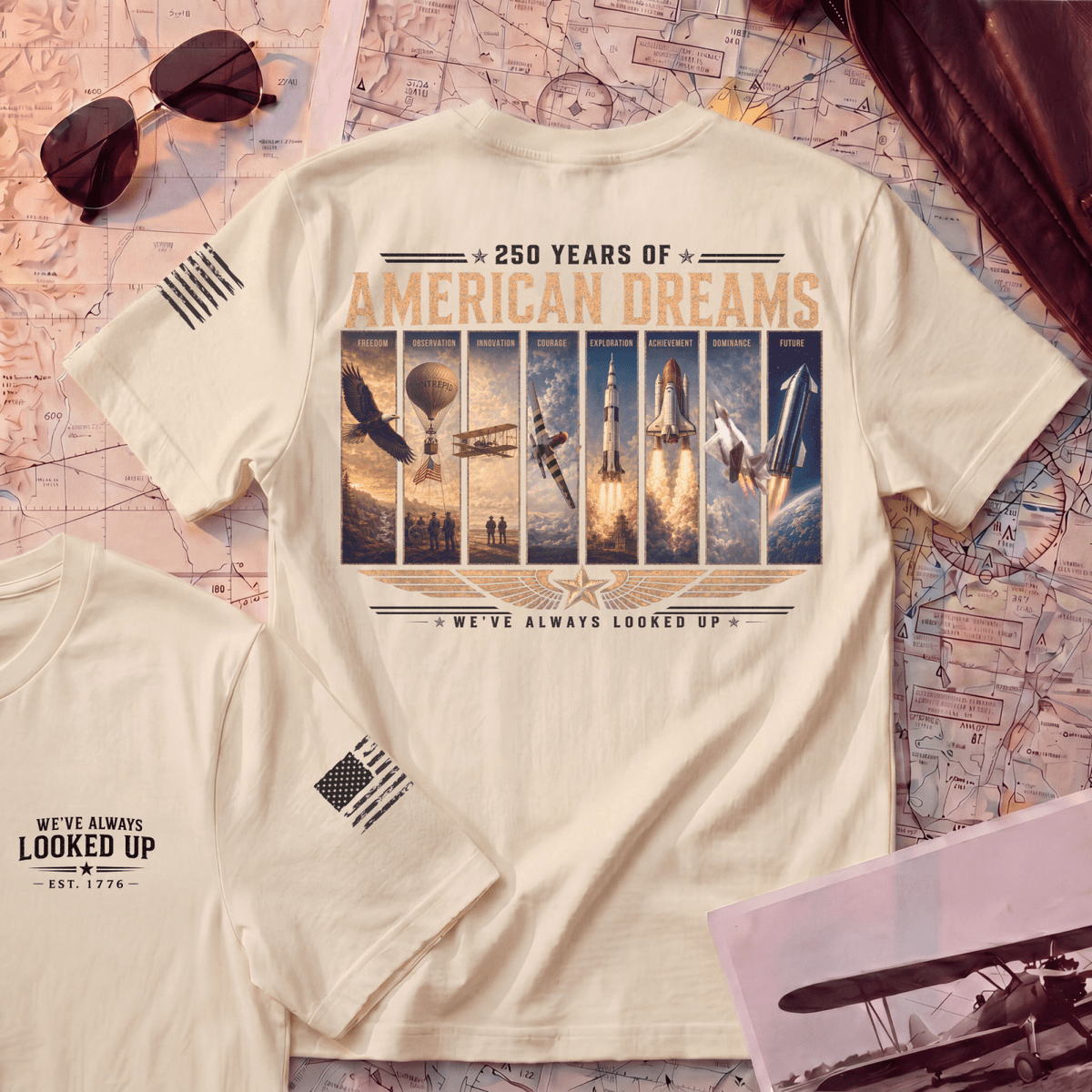 Natural American Dreams 250th aviation T-shirt flat lay
