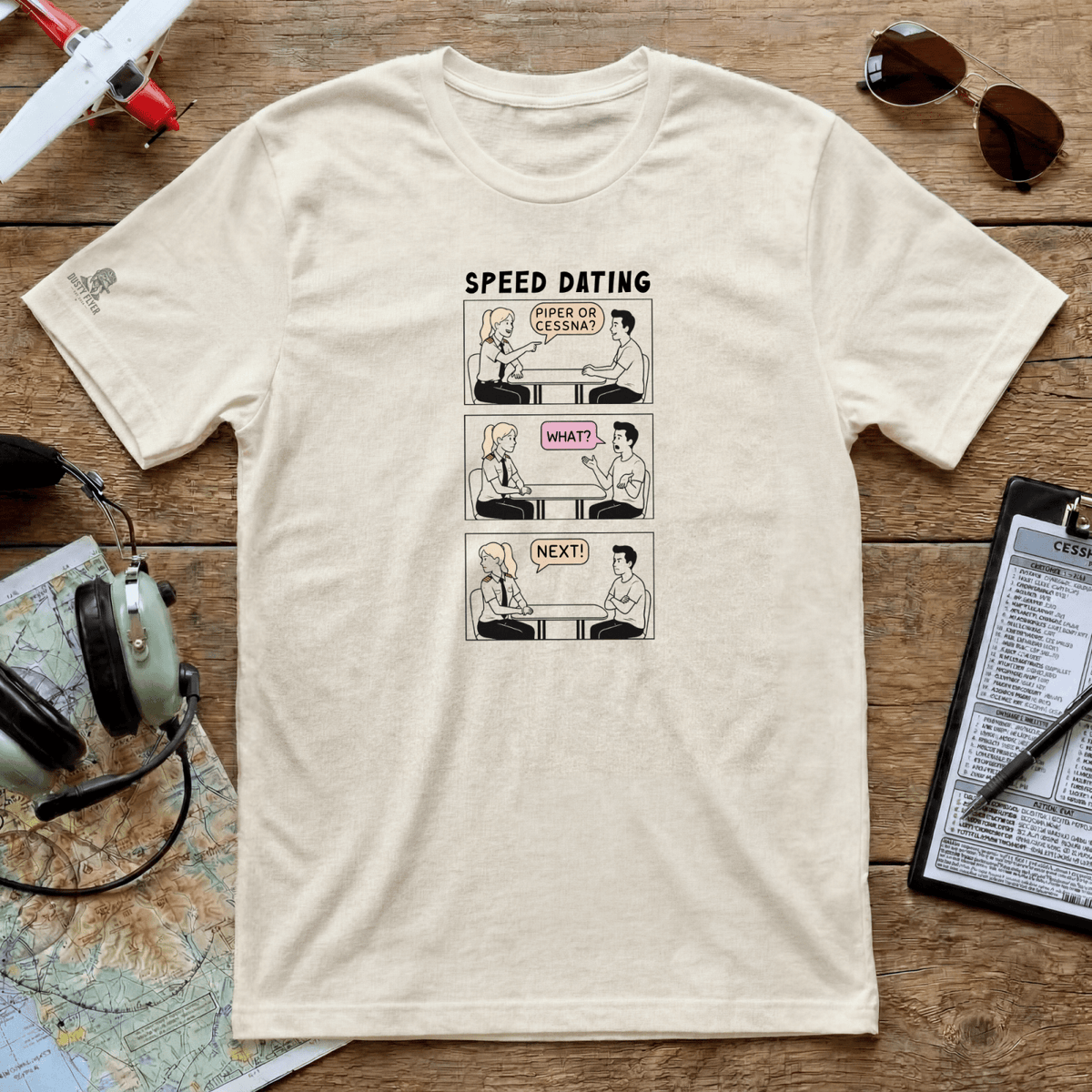 Natural Piper or Cessna Speed Dating T-shirt flat lay