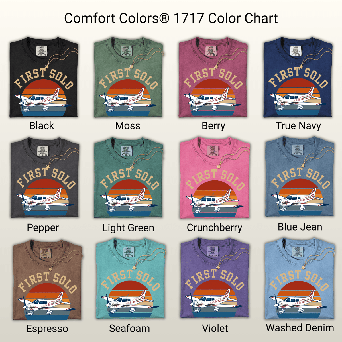 Comfort Colors 1717 color chart showing 12 T-shirt colors with the retro First Solo aircraft design