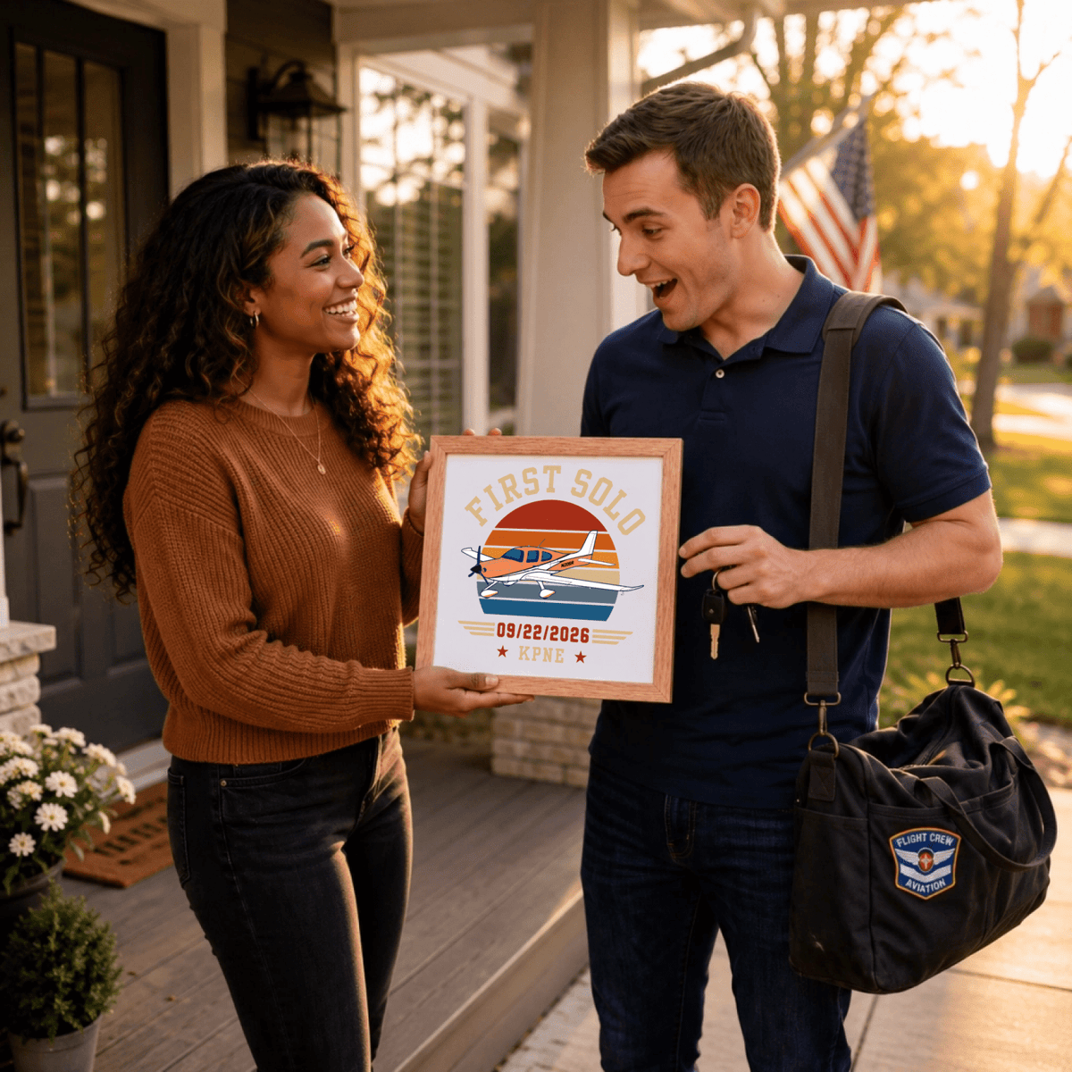 Couple holding a personalized first solo flight print outside a home