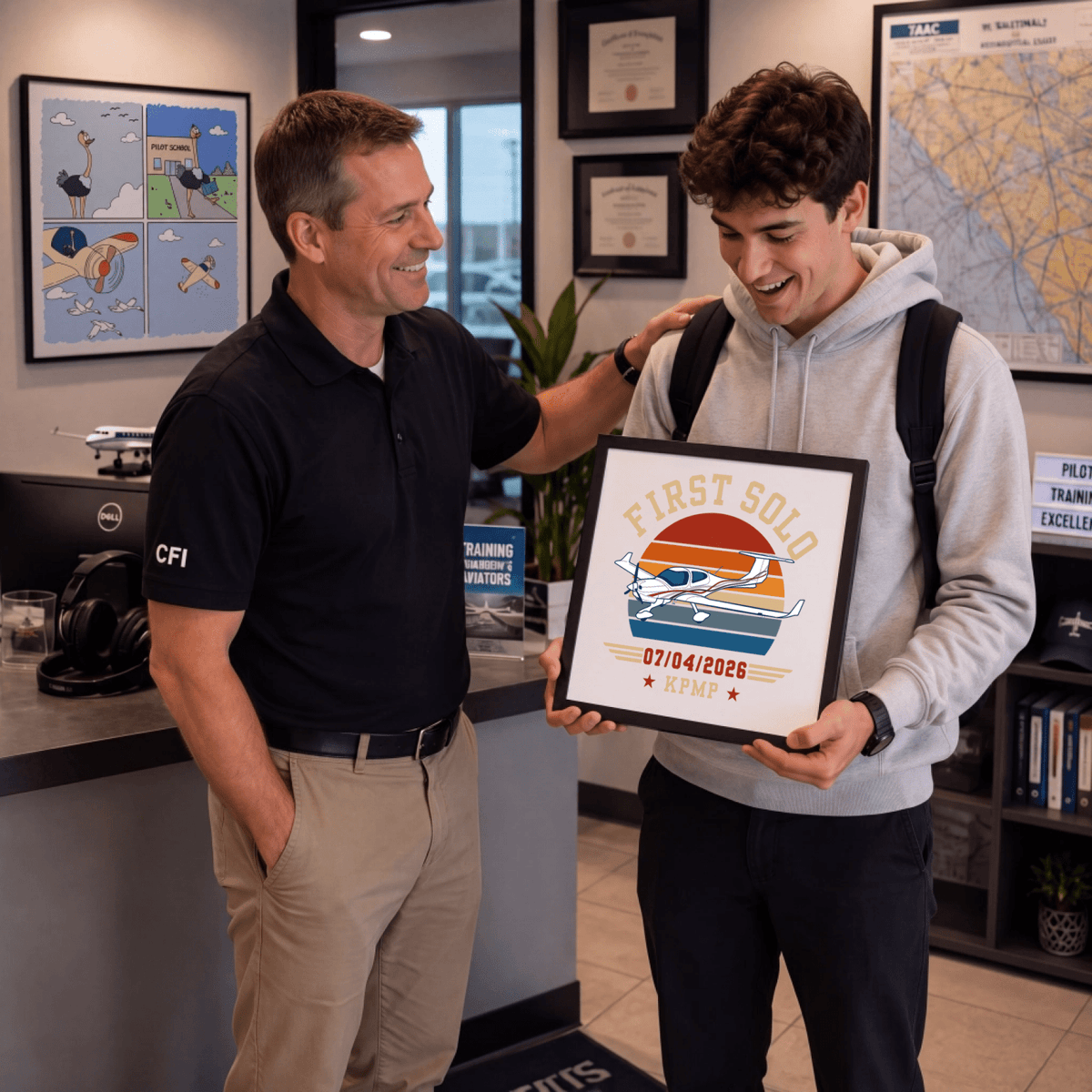 Flight instructor congratulating a student holding a framed first solo print