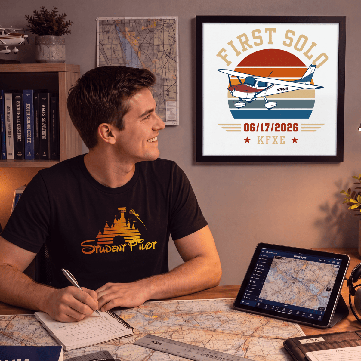Framed first solo flight print above a student pilot’s study desk