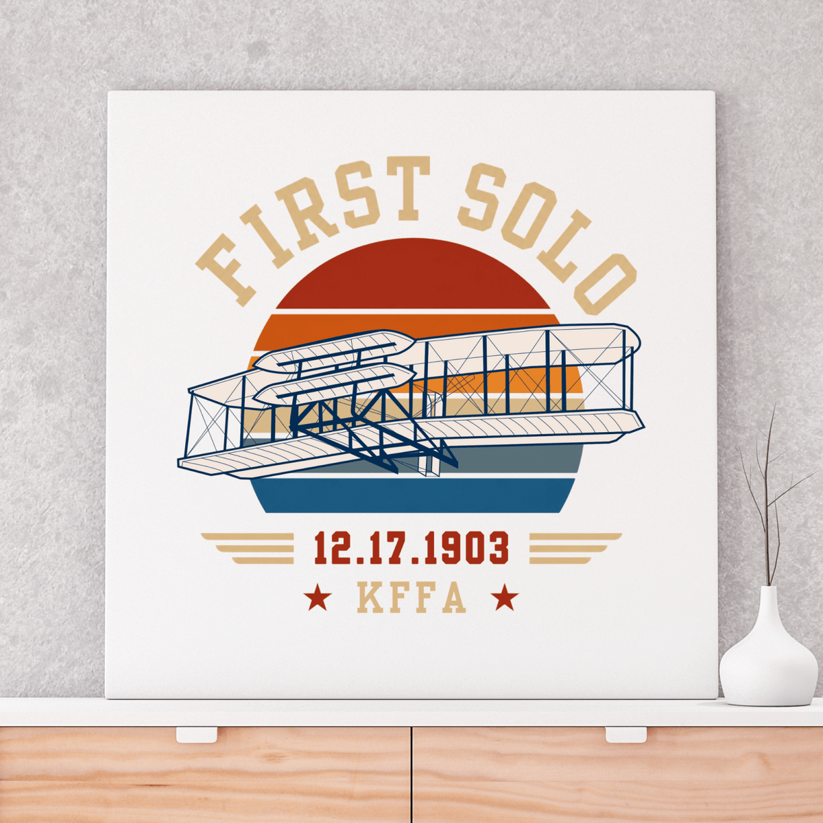 Unframed first solo print featuring the Wright Flyer, flight date, and KFFA