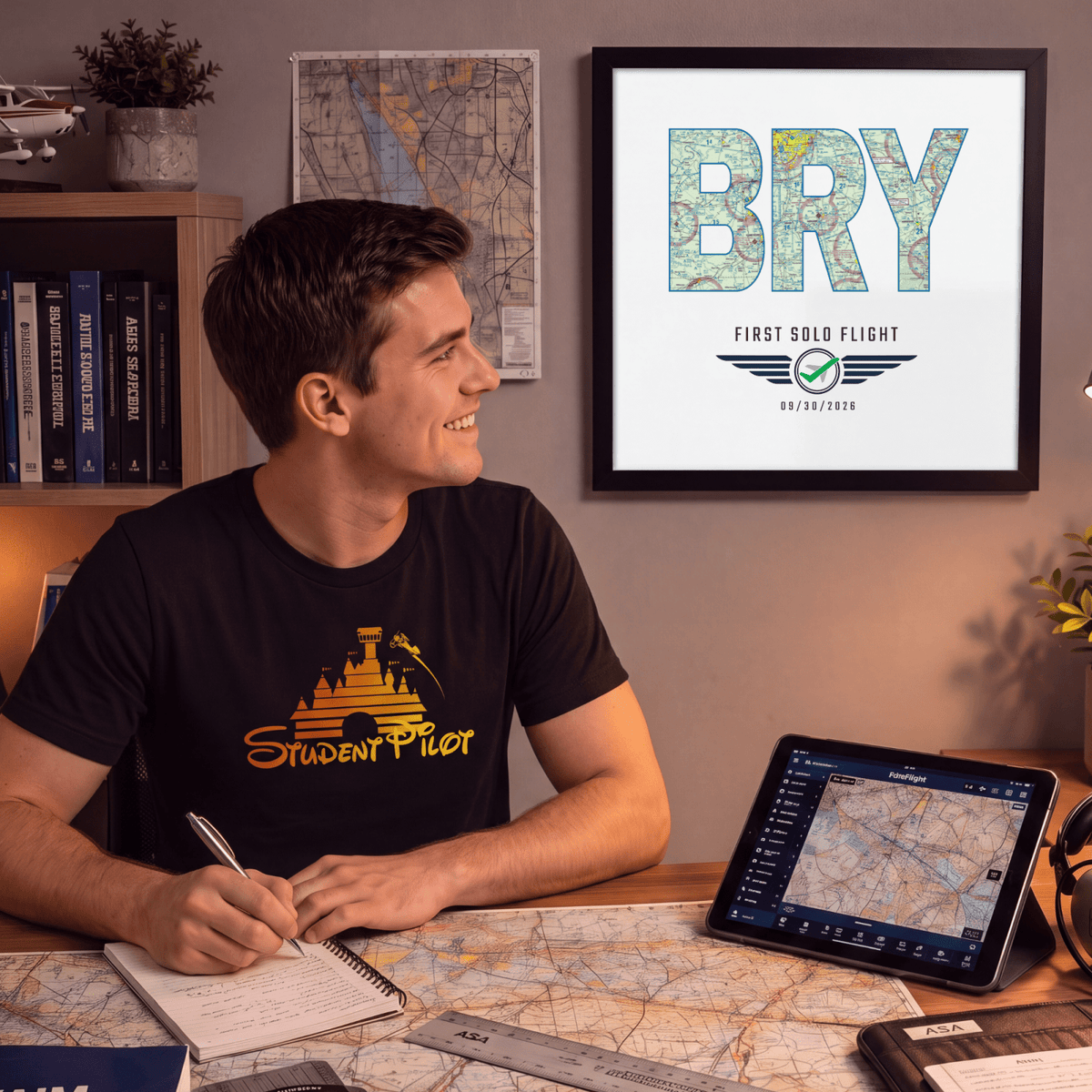 Black-framed BRY airport code First Solo Flight print displayed above a flight planning desk