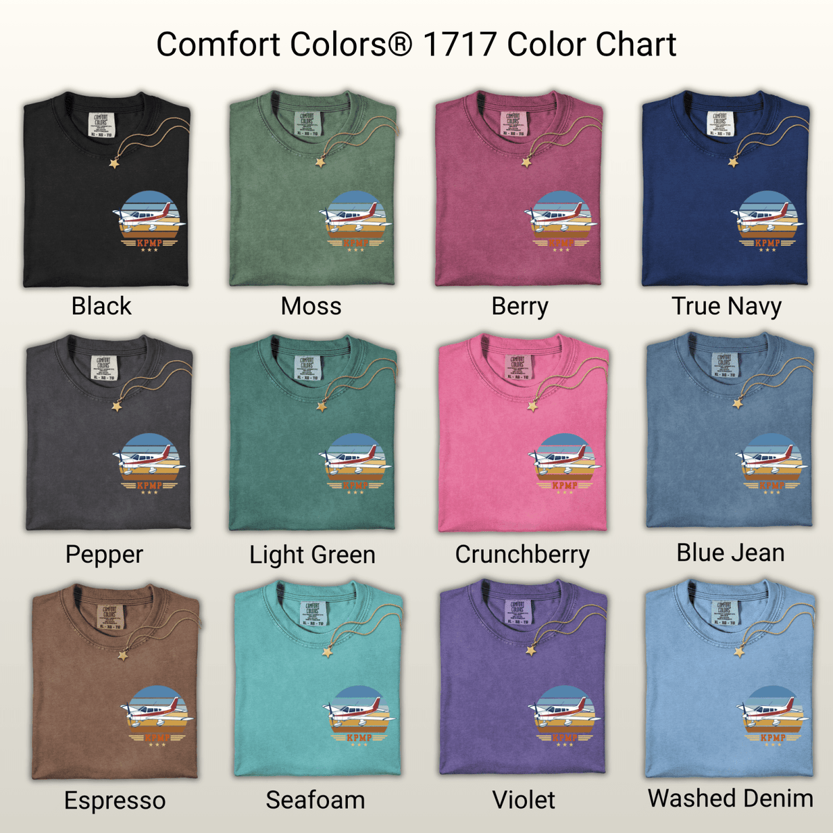 Comfort Colors 1717 color chart showing 12 T-shirt colors with the Vintage Attitude aircraft design