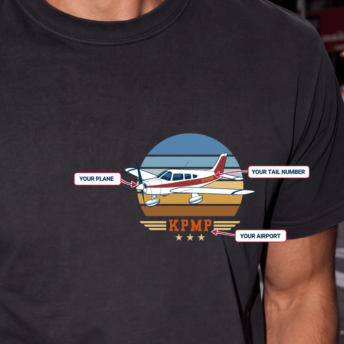 Vintage Attitude T-shirt customization guide showing aircraft, tail number, and airport code on the chest design