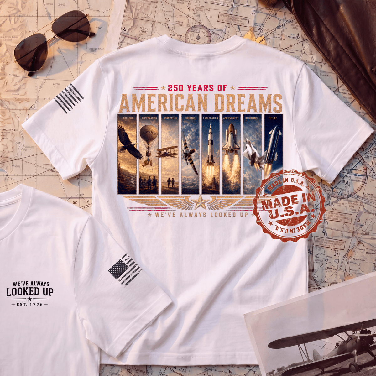 White American Dreams 250th USA-made T-shirt flat lay
