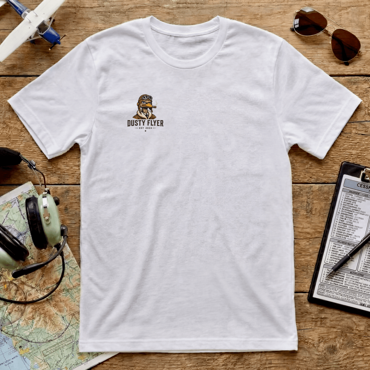 White Dusty Flyer aviator duck T-shirt flat lay