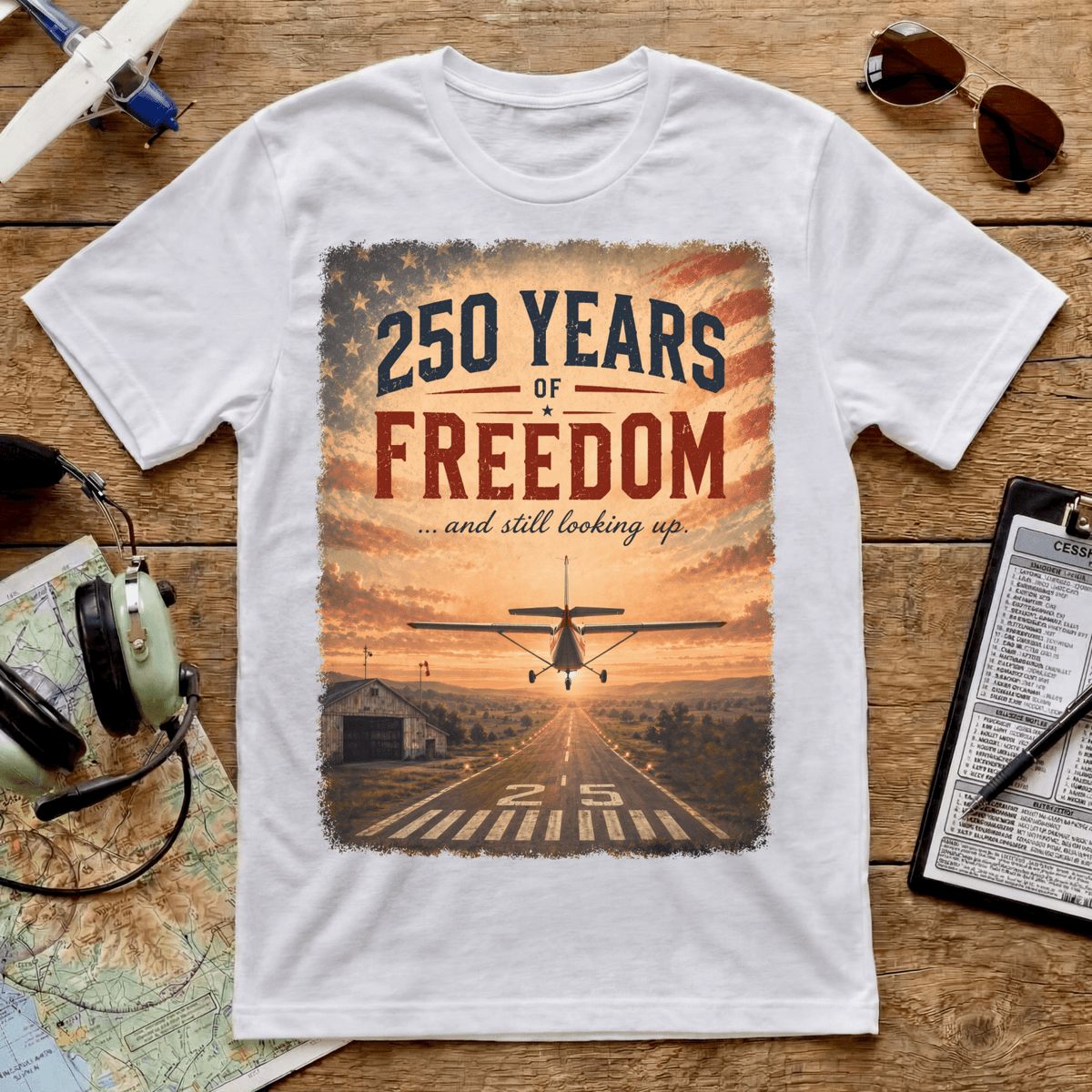 White Freedom 250th aviation T-shirt flat lay