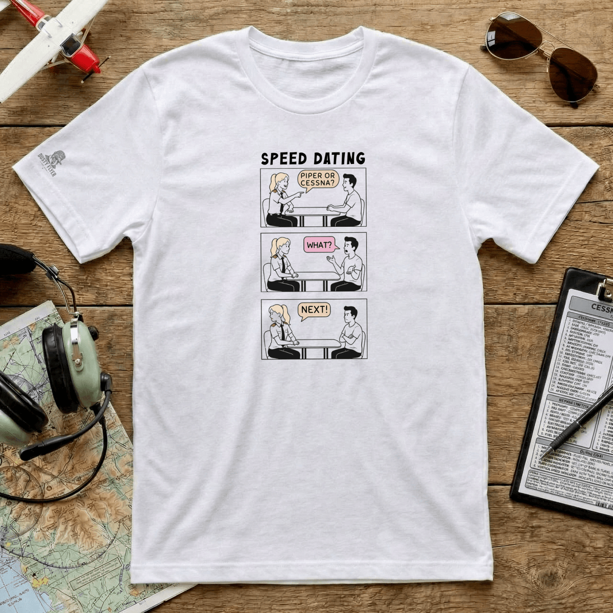 White Piper or Cessna Speed Dating unisex T-shirt flat lay